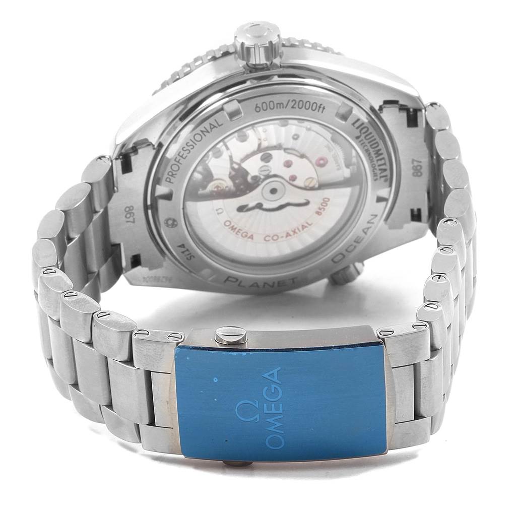 The image shows the back case and clasp of the Omega Planet Ocean 232.90.46.21.03.001 Men's Titanium Blue Dial 232.90.46.21.03.001 Men's Titanium Blue Dial watch.