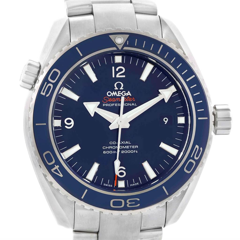 The image shows a frontal view of the Omega Planet Ocean 232.90.46.21.03.001 Men's Titanium Blue Dial 232.90.46.21.03.001 Men's Titanium Blue Dial Seamaster watch displaying its dial and bezel.