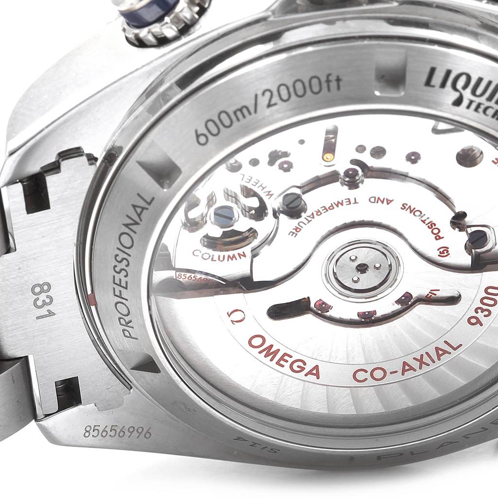 This image shows the back view of the Omega Planet Ocean 232.90.46.51.03.001 Men's Titanium Blue Dial 232.90.46.51.03.001 Men's Titanium Blue Dial watch, highlighting its movement and water resistance markings.