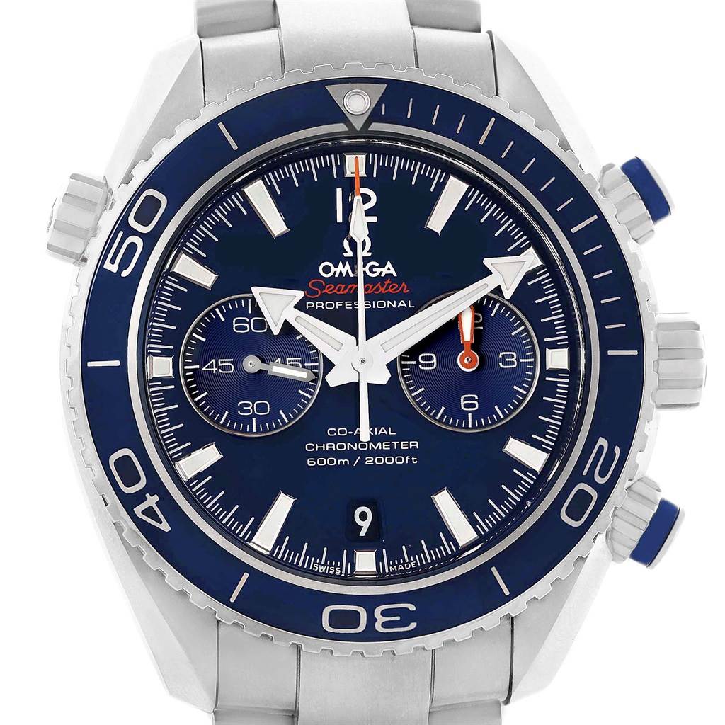 This image shows a front view of the Omega Planet Ocean 232.90.46.51.03.001 Men's Titanium Blue Dial 232.90.46.51.03.001 Men's Titanium Blue Dial watch, highlighting the dial, hands, markers, and bezel.