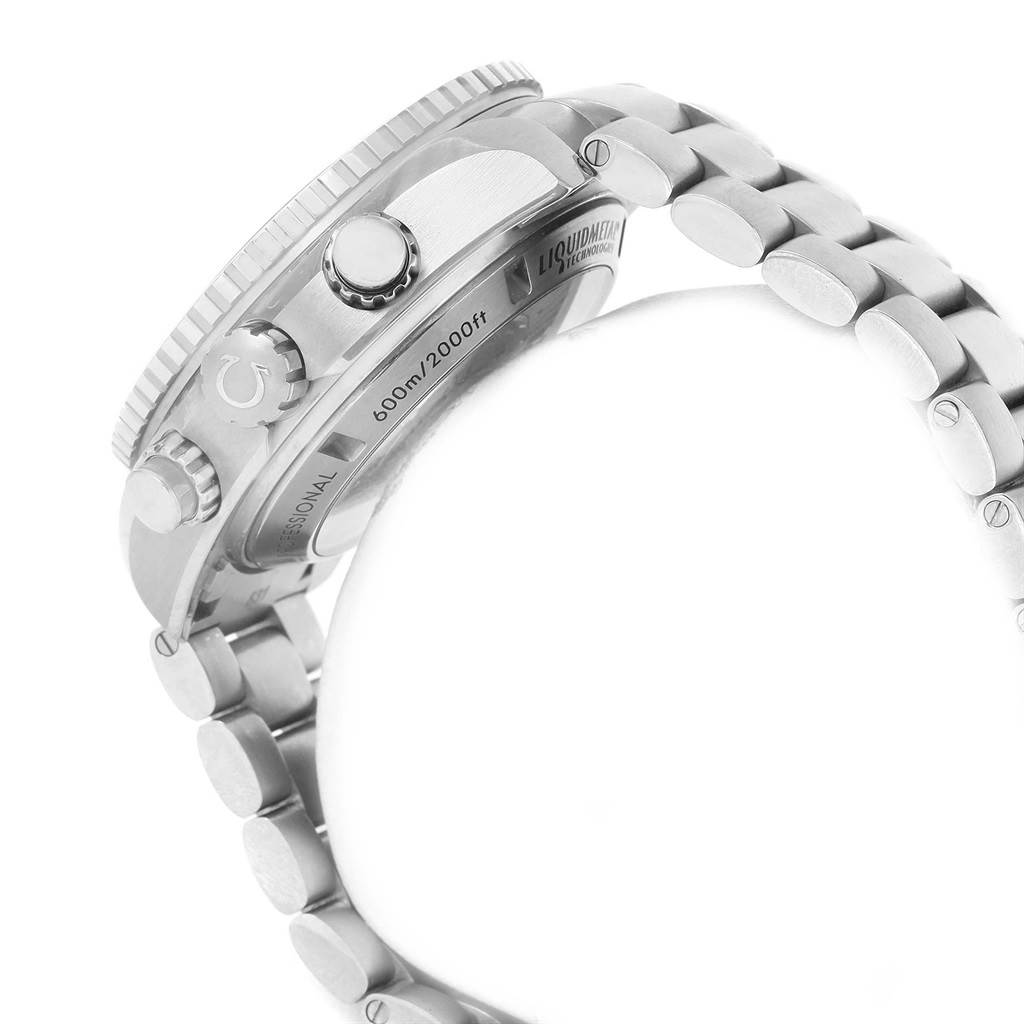 This image shows a side view of the Omega Planet Ocean 232.90.46.51.03.001 Men's Titanium Blue Dial 232.90.46.51.03.001 Men's Titanium Blue Dial watch, highlighting the crown, bezel, bracelet, and depth rating.