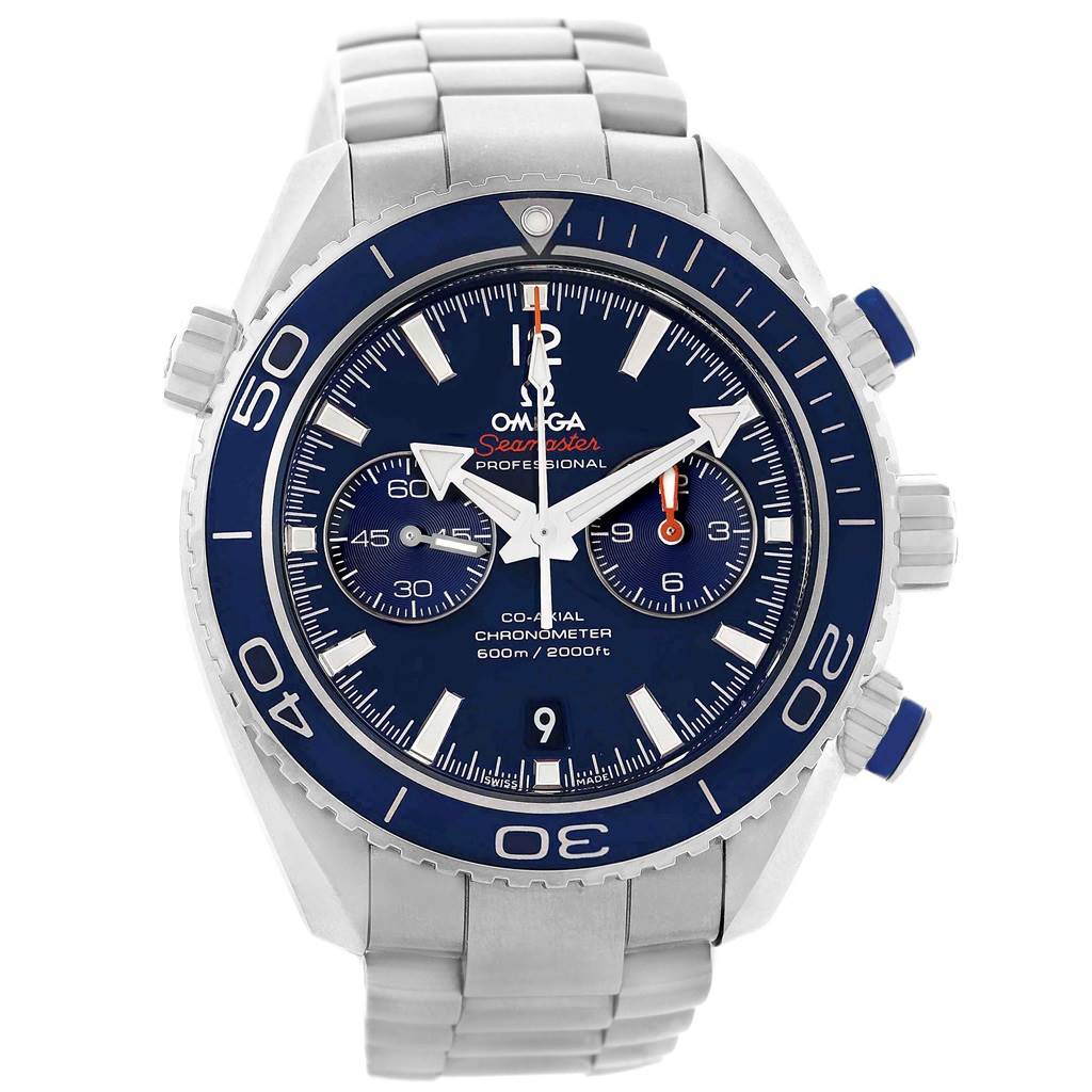 The image shows a front view of the Omega Planet Ocean 232.90.46.51.03.001 Men's Titanium Blue Dial 232.90.46.51.03.001 Men's Titanium Blue Dial Seamaster watch, including the bezel, dial, chronograph subdials, and bracelet.