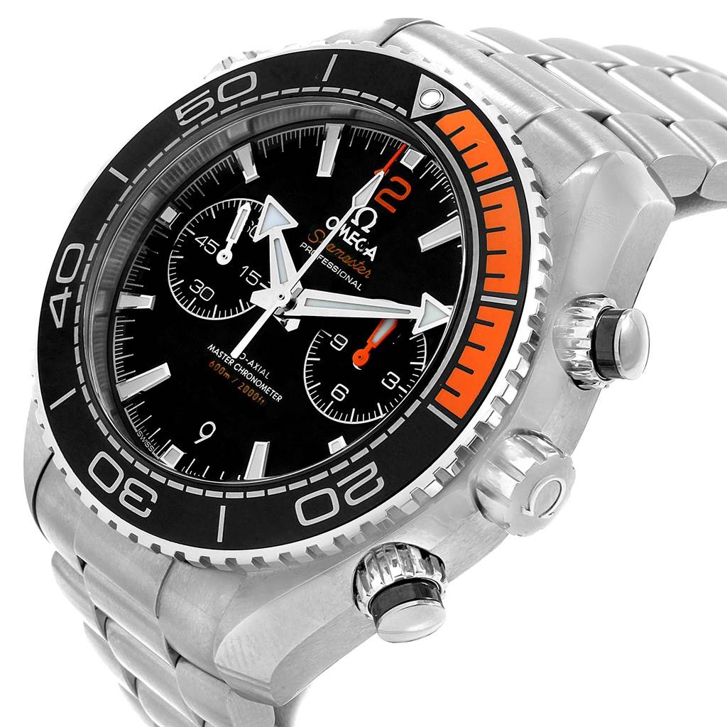 The image shows a side angle of the Omega Planet Ocean 215.30.46.51.01.002 Men's Stainless Steel Black Dial 215.30.46.51.01.002 Men's Stainless Steel Black Dial watch, highlighting the black dial, chronograph subdials, and stainless steel bracelet.