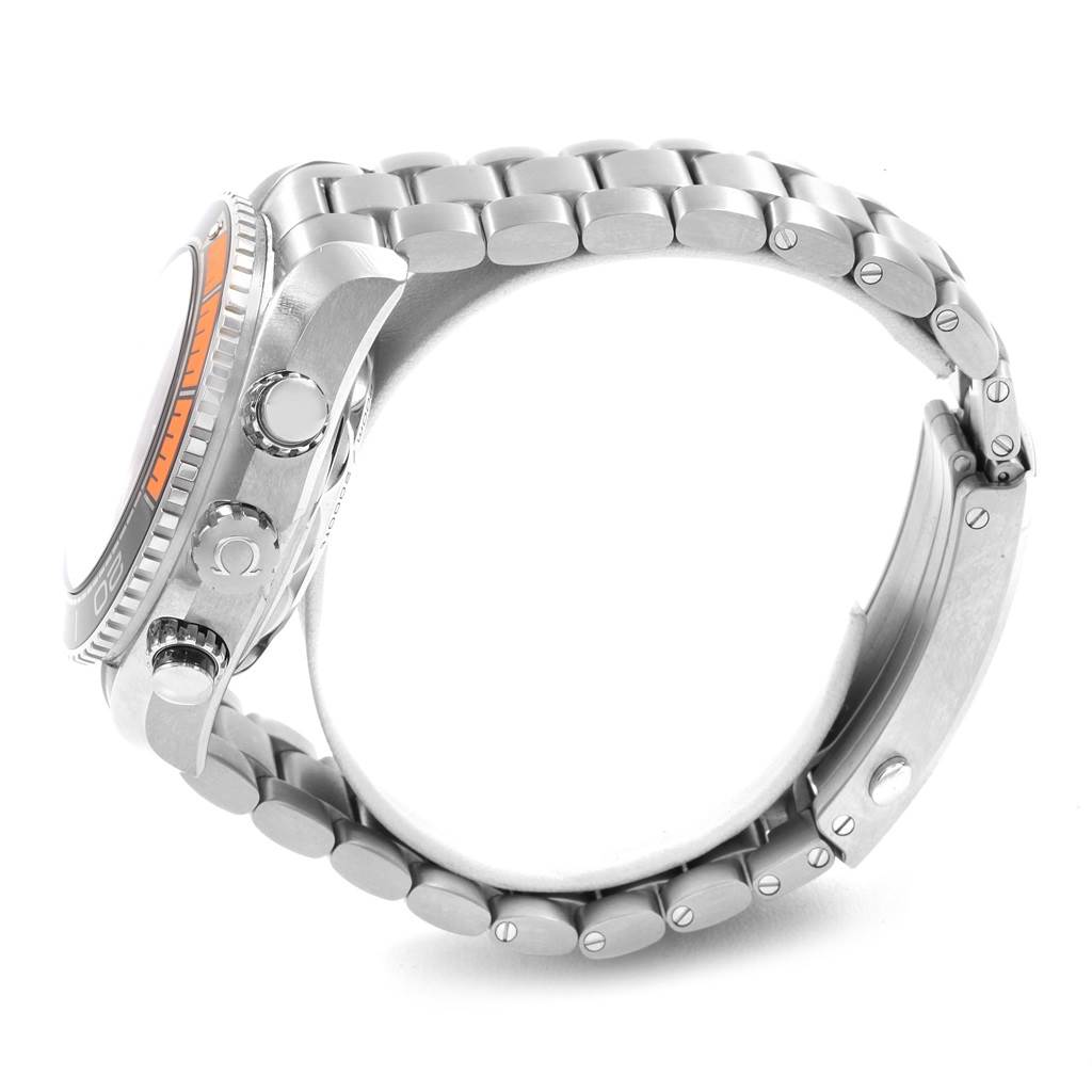 This image shows the Omega Planet Ocean 215.30.46.51.01.002 Men's Stainless Steel Black Dial 215.30.46.51.01.002 Men's Stainless Steel Black Dial watch from a side angle, displaying the bezel, crown, chronograph buttons, and bracelet.