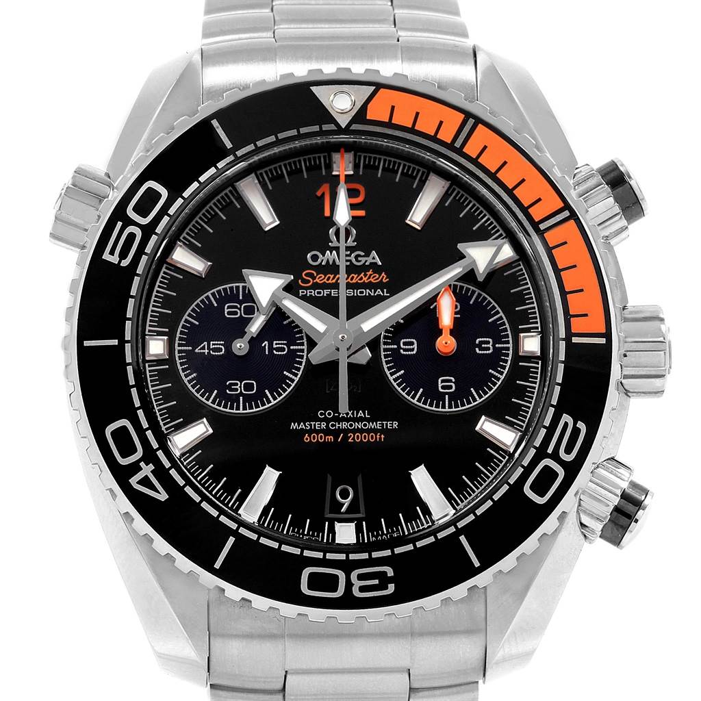 The image shows a front view of the Omega Planet Ocean 215.30.46.51.01.002 Men's Stainless Steel Black Dial 215.30.46.51.01.002 Men's Stainless Steel Black Dial model watch, highlighting the dial, bezel, and bracelet.