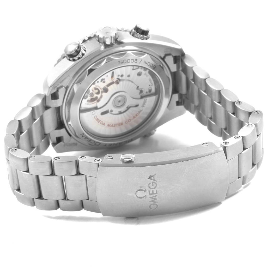 The image shows the backside of the Omega Planet Ocean 215.30.46.51.01.002 Men's Stainless Steel Black Dial 215.30.46.51.01.002 Men's Stainless Steel Black Dial watch, highlighting its bracelet and exposed case back with visible movement.