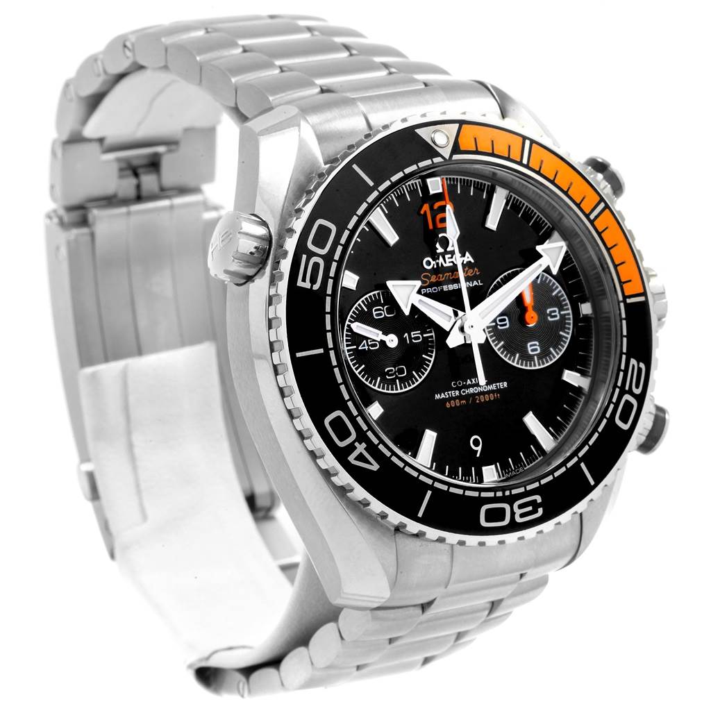 The image shows an Omega Planet Ocean 215.30.46.51.01.002 Men's Stainless Steel Black Dial 215.30.46.51.01.002 Men's Stainless Steel Black Dial watch at a three-quarter front angle, highlighting the face, bezel, and metal bracelet.