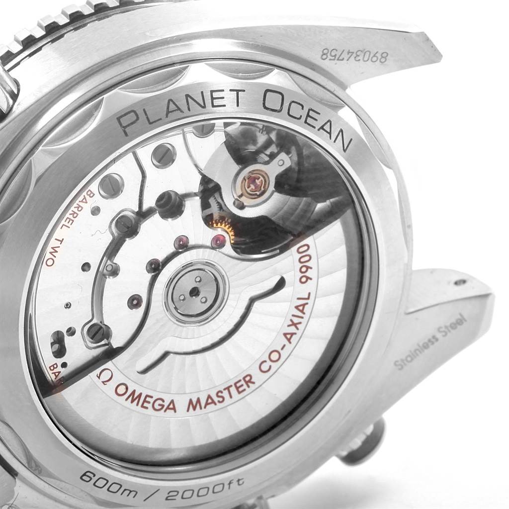 The image shows the back view of the Omega Planet Ocean 215.30.46.51.01.002 Men's Stainless Steel Black Dial 215.30.46.51.01.002 Men's Stainless Steel Black Dial model, highlighting the intricate movement and "Omega Master Co-Axial 9900" text.