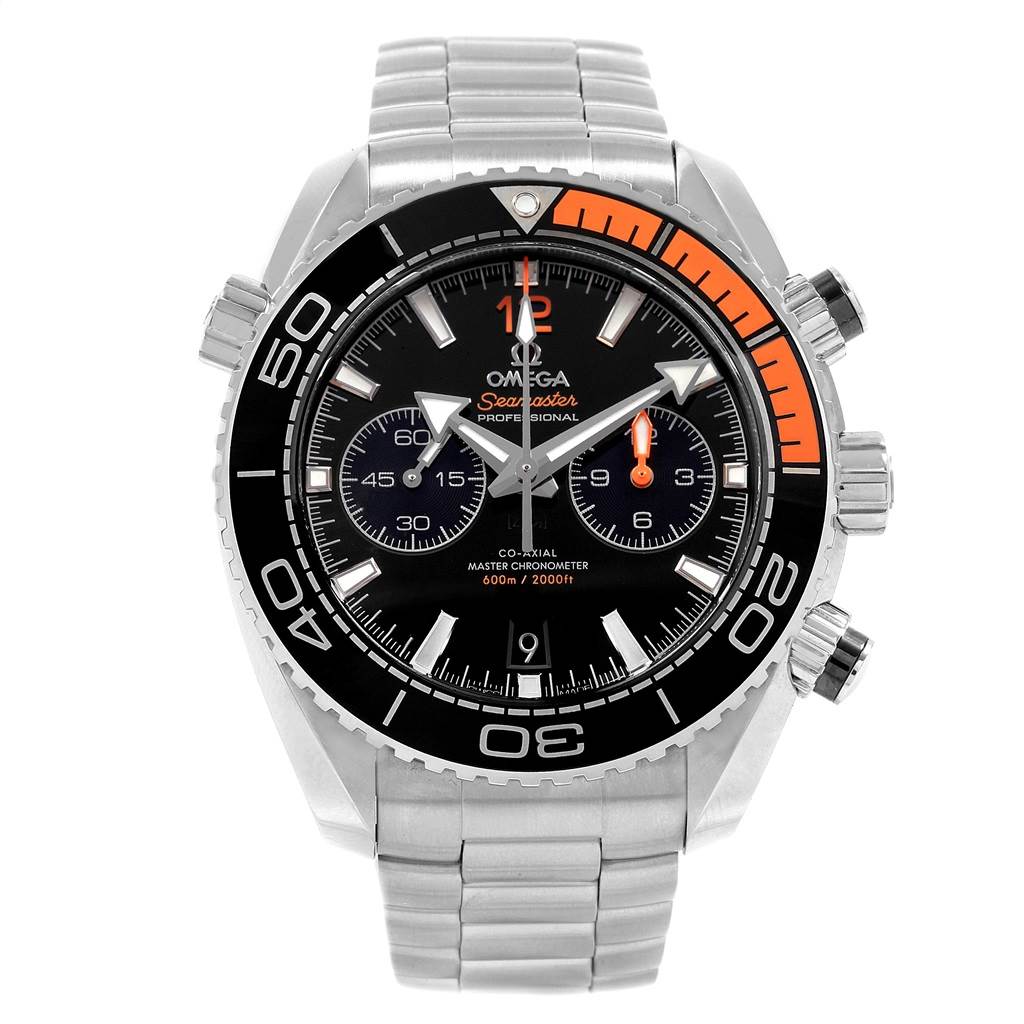 The image shows the front view of an Omega Planet Ocean 215.30.46.51.01.002 Men's Stainless Steel Black Dial 215.30.46.51.01.002 Men's Stainless Steel Black Dial watch, highlighting its dial, bezel, and stainless steel bracelet.