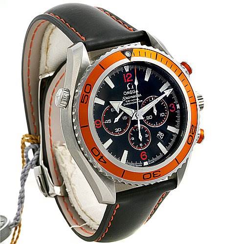 This image shows a side angle of the Omega Planet Ocean 29185082 OR 2918.   50.   82 Men's Stainless Steel Black Dial 29185082 OR 2918.   50.   82 Men's Stainless Steel Black Dial watch, highlighting its orange bezel, black dial, and leather strap.