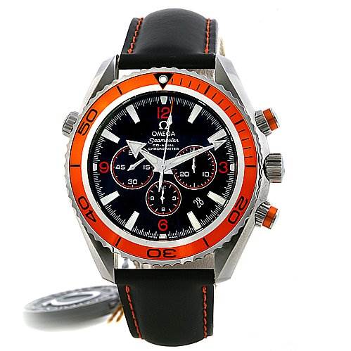 The image shows a front view of the Omega Planet Ocean 29185082 OR 2918.   50.   82 Men's Stainless Steel Black Dial 29185082 OR 2918.   50.   82 Men's Stainless Steel Black Dial watch, displaying the face, bezel, and strap.