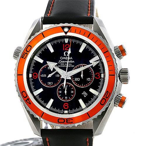 The Omega Planet Ocean 29185082 OR 2918.   50.   82 Men's Stainless Steel Black Dial 29185082 OR 2918.   50.   82 Men's Stainless Steel Black Dial watch is shown at a front angle, highlighting its black and orange bezel, chronograph dials, and leather strap.