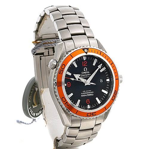 The image shows the Omega Planet Ocean 22085000 Men's Stainless Steel Black Dial 22085000 Men's Stainless Steel Black Dial watch from an angled front view, displaying the face, bezel, crown, and metal bracelet.