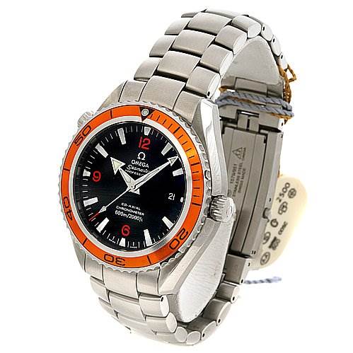 The Omega Planet Ocean 22085000 Men's Stainless Steel Black Dial 22085000 Men's Stainless Steel Black Dial watch is shown at a three-quarter angle, highlighting the orange bezel, face, bracelet, and clasp.