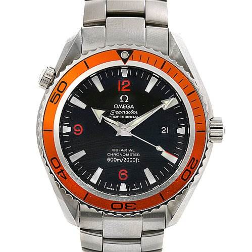 The image shows a front view of the Omega Planet Ocean 22085000 Men's Stainless Steel Black Dial 22085000 Men's Stainless Steel Black Dial watch, highlighting its dial, bezel, and stainless steel bracelet.
