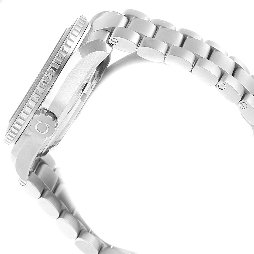 The image shows a side view of an Omega Planet Ocean 232.30.46.21.01.001 Men
s Stainless Steel Black Dial 232.30.46.21.01.001 Men
s Stainless Steel Black Dial watch, focusing on the bezel, case, and bracelet.