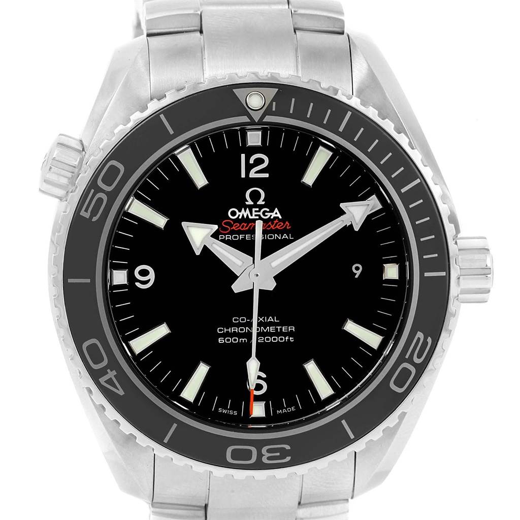 The image shows a front view of the Omega Planet Ocean 232.30.46.21.01.001 Men
s Stainless Steel Black Dial 232.30.46.21.01.001 Men
s Stainless Steel Black Dial model, highlighting its bezel, dial, and bracelet.