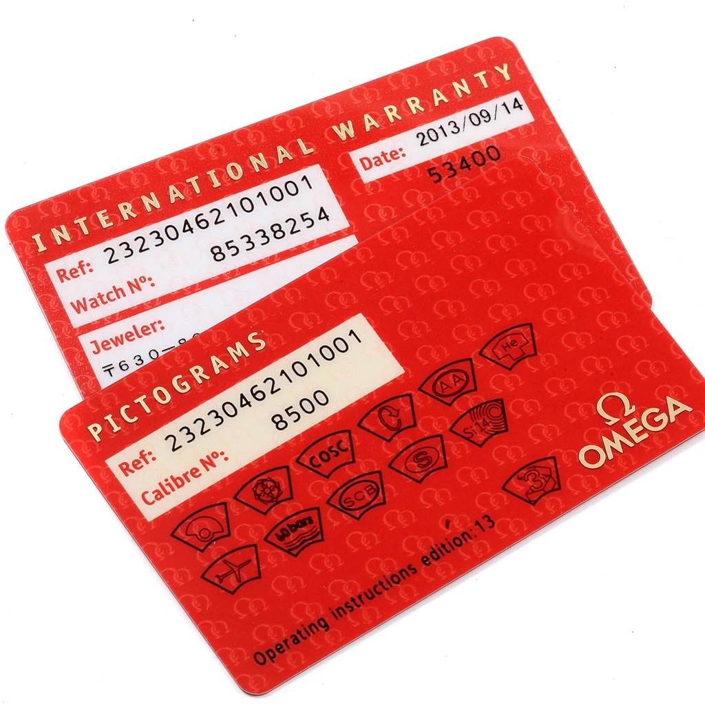 The image shows the International Warranty and Pictograms cards for the Omega Planet Ocean 232.30.46.21.01.001 Men
s Stainless Steel Black Dial 232.30.46.21.01.001 Men
s Stainless Steel Black Dial watch.