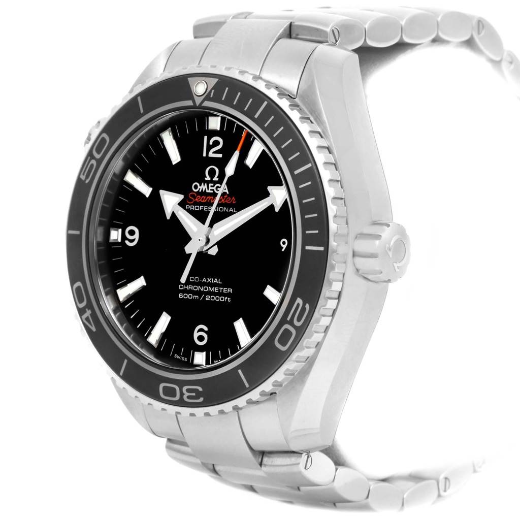 An Omega Planet Ocean 232.30.46.21.01.001 Men
s Stainless Steel Black Dial 232.30.46.21.01.001 Men
s Stainless Steel Black Dial watch is shown from a front-side angle, displaying its bezel, crown, and bracelet.