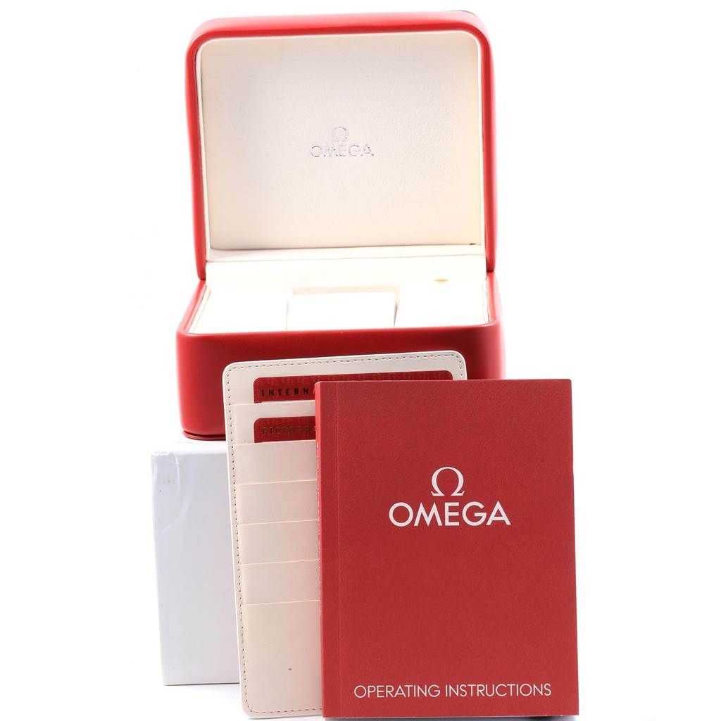 The image shows an Omega Planet Ocean 232.30.46.21.01.001 Men
s Stainless Steel Black Dial 232.30.46.21.01.001 Men
s Stainless Steel Black Dial watch box, operating instructions, and related documents.