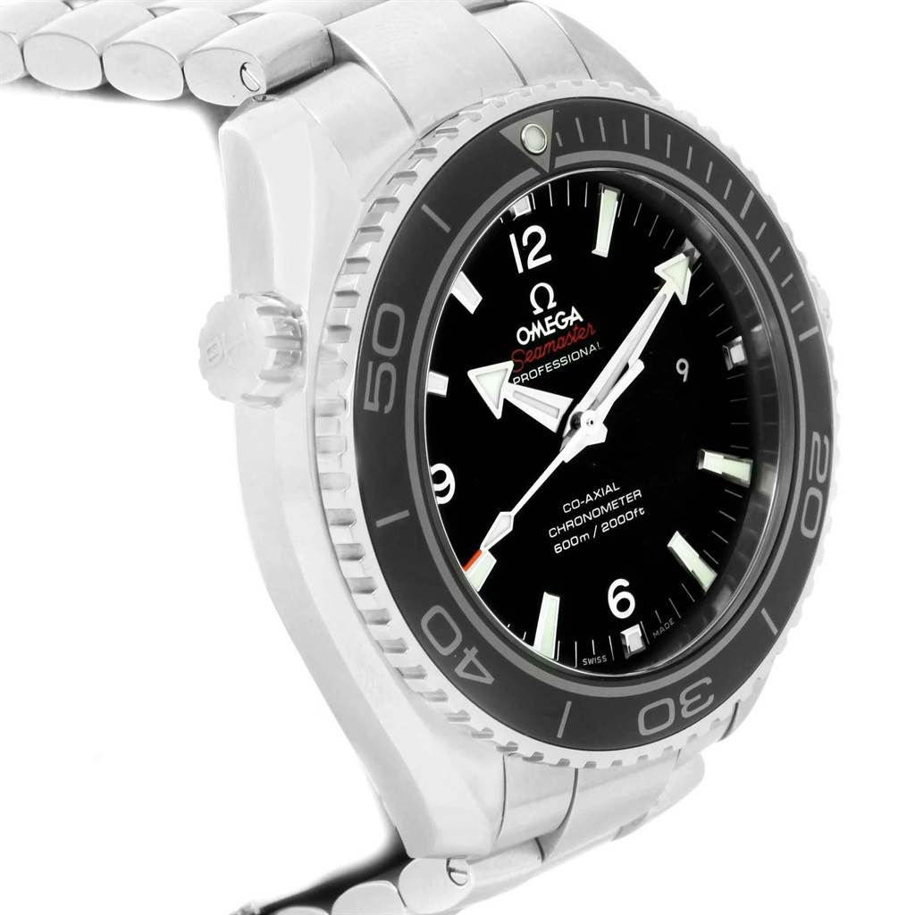 This image shows a close-up side angle of the Omega Planet Ocean 232.30.46.21.01.001 Men
s Stainless Steel Black Dial 232.30.46.21.01.001 Men
s Stainless Steel Black Dial watch, highlighting the bezel, dial, and part of the bracelet.