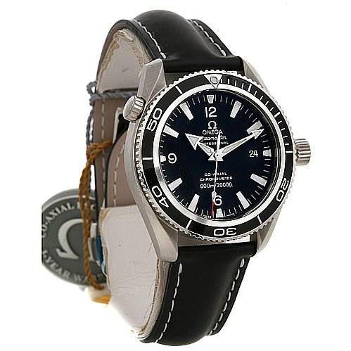 The image shows an Omega Planet Ocean 29015081 OR 2901.   50.   81 Men
s Stainless Steel Black Dial 29015081 OR 2901.   50.   81 Men
s Stainless Steel Black Dial watch at a slightly angled front view, highlighting its black leather strap and bezel.