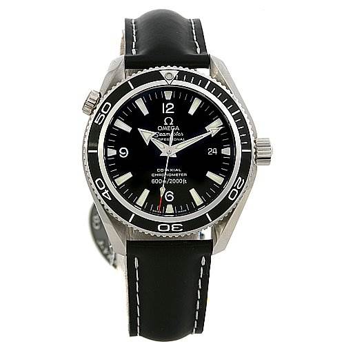 The image shows a front view of the Omega Planet Ocean 29015081 OR 2901.   50.   81 Men
s Stainless Steel Black Dial 29015081 OR 2901.   50.   81 Men
s Stainless Steel Black Dial watch, highlighting its face, bezel, and leather strap.