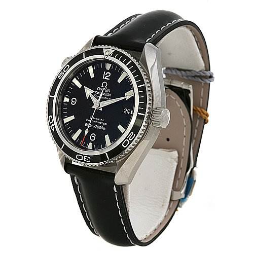 This image shows a side-angle view of the Omega Planet Ocean 29015081 OR 2901.   50.   81 Men
s Stainless Steel Black Dial 29015081 OR 2901.   50.   81 Men
s Stainless Steel Black Dial watch, highlighting its black dial, bezel, and leather strap.