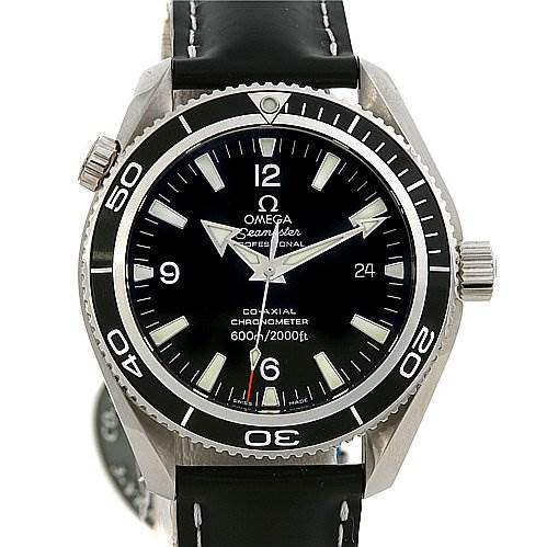 The image shows a front view of the Omega Planet Ocean 29015081 OR 2901.   50.   81 Men
s Stainless Steel Black Dial 29015081 OR 2901.   50.   81 Men
s Stainless Steel Black Dial watch, displaying its dial, bezel, and crown.