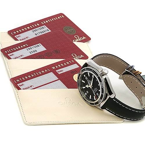 The Omega Planet Ocean 29015081 OR 2901.   50.   81 Men
s Stainless Steel Black Dial 29015081 OR 2901.   50.   81 Men
s Stainless Steel Black Dial watch is shown from a front-side angle with its chronometer certificate, pictograms, and international warranty cards.