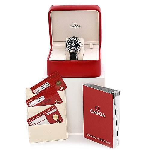 The Omega Planet Ocean 29015081 OR 2901.   50.   81 Men
s Stainless Steel Black Dial 29015081 OR 2901.   50.   81 Men
s Stainless Steel Black Dial watch is shown in its box, accompanied by operating instructions and warranty cards.