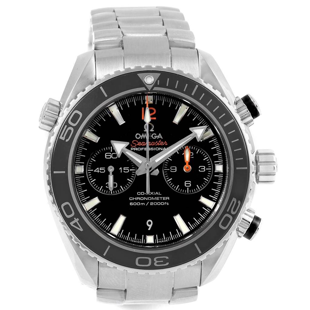 This is a front view of the Omega Planet Ocean 232.30.46.51.01.003 Men's Stainless Steel Black Dial 232.30.46.51.01.003 Men's Stainless Steel Black Dial watch, showcasing its face, bezel, chronograph sub-dials, and stainless steel bracelet.