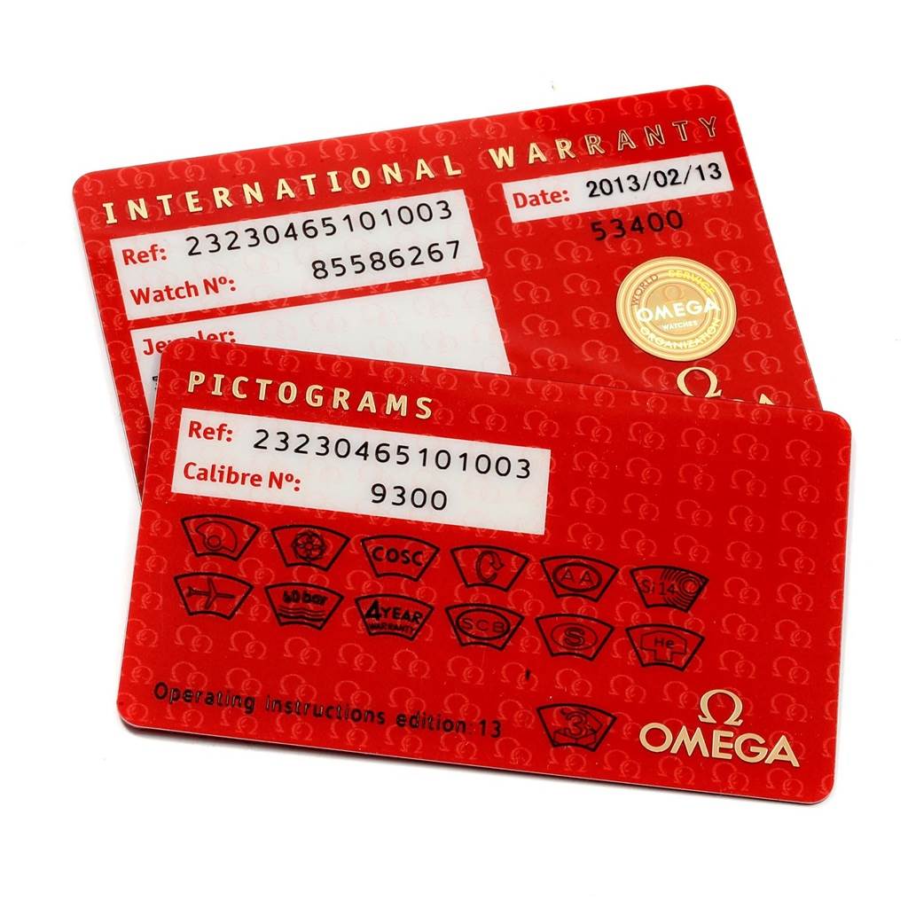 These are the international warranty and pictograms cards for the Omega Planet Ocean 232.30.46.51.01.003 Men's Stainless Steel Black Dial 232.30.46.51.01.003 Men's Stainless Steel Black Dial model watch.