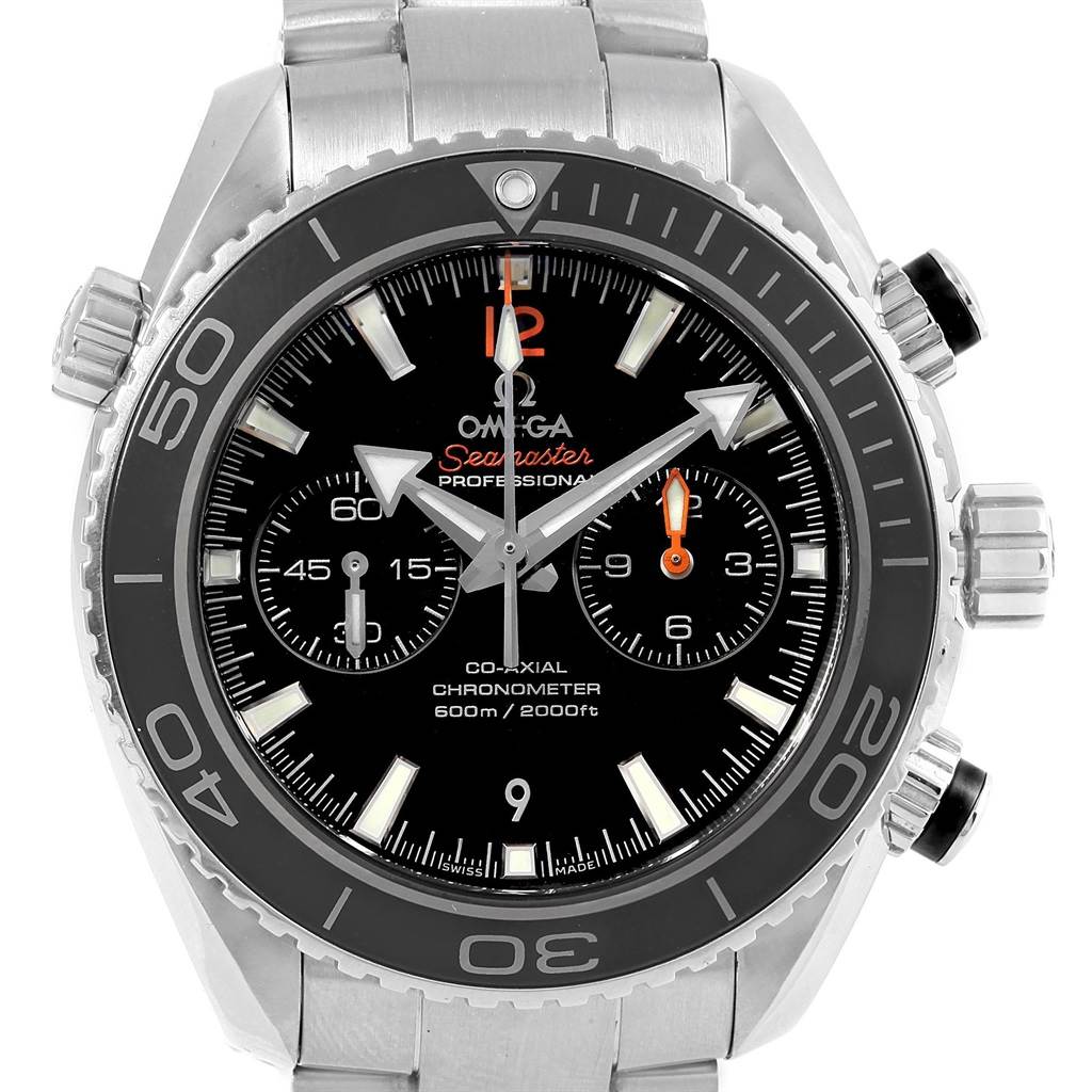 The image shows a frontal view of the Omega Planet Ocean 232.30.46.51.01.003 Men's Stainless Steel Black Dial 232.30.46.51.01.003 Men's Stainless Steel Black Dial watch, highlighting the bezel, dial, sub-dials, and bracelet.