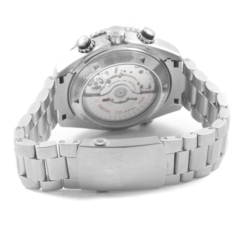 The image shows the back view of an Omega Planet Ocean 232.30.46.51.01.003 Men's Stainless Steel Black Dial 232.30.46.51.01.003 Men's Stainless Steel Black Dial watch, highlighting its bracelet and transparent case back.