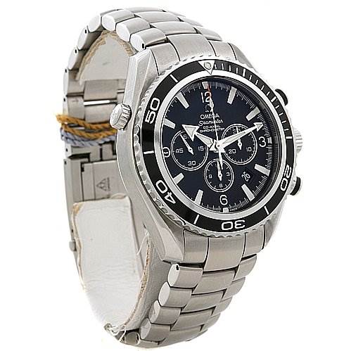 The image shows a three-quarters view of an Omega Planet Ocean 22105000 OR 2210.   50.   00 Men's Stainless Steel Black Dial 22105000 OR 2210.   50.   00 Men's Stainless Steel Black Dial watch, displaying the bezel, dial, crown, and stainless steel bracelet.