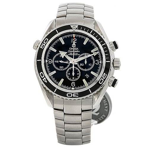 The image shows a front view of the Omega Planet Ocean 22105000 OR 2210.   50.   00 Men's Stainless Steel Black Dial 22105000 OR 2210.   50.   00 Men's Stainless Steel Black Dial model watch, featuring its face, bezel, and bracelet.