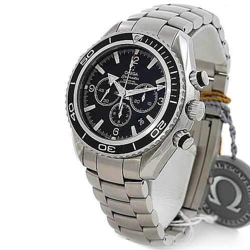 The image shows an Omega Planet Ocean 22105000 OR 2210.   50.   00 Men's Stainless Steel Black Dial 22105000 OR 2210.   50.   00 Men's Stainless Steel Black Dial watch at a three-quarter angle, highlighting the dial, bezel, crown, pushers, and stainless steel bracelet.