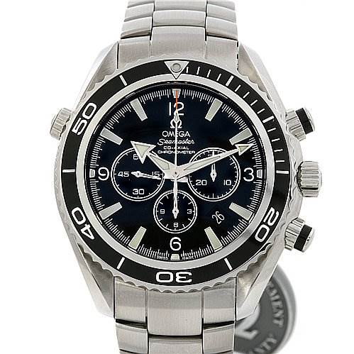 The image shows a front view of the Omega Planet Ocean 22105000 OR 2210.   50.   00 Men's Stainless Steel Black Dial 22105000 OR 2210.   50.   00 Men's Stainless Steel Black Dial watch, highlighting its face, bezel, and metallic bracelet.