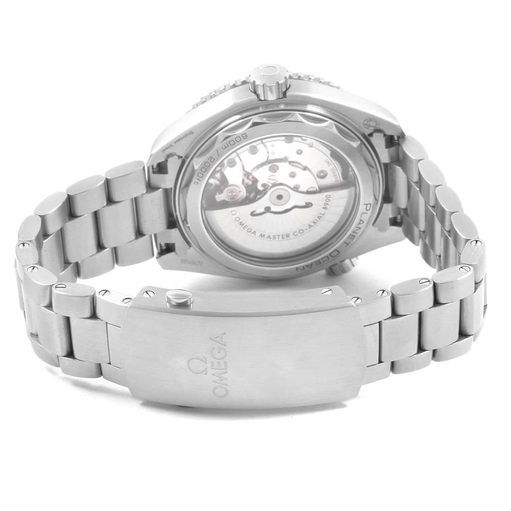 The image shows the back view of the Omega Planet Ocean 215.30.44.21.01.002 Men
s Stainless Steel Black Dial 215.30.44.21.01.002 Men
s Stainless Steel Black Dial watch, highlighting its case back and bracelet.