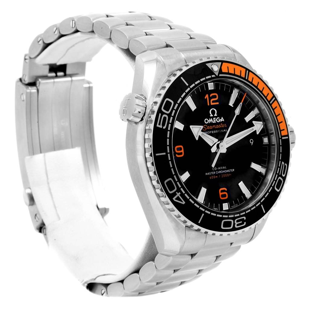 The image shows an angled view of an Omega Planet Ocean 215.30.44.21.01.002 Men
s Stainless Steel Black Dial 215.30.44.21.01.002 Men
s Stainless Steel Black Dial watch, displaying the face, bezel, crown, and part of the metal bracelet.