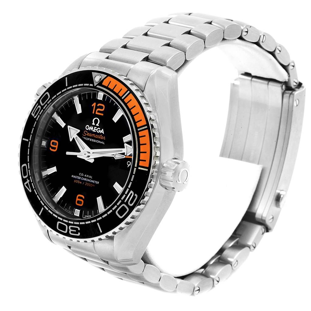 The Omega Planet Ocean 215.30.44.21.01.002 Men
s Stainless Steel Black Dial 215.30.44.21.01.002 Men
s Stainless Steel Black Dial watch is shown at a three-quarter angle, highlighting its face, bezel, crown, and bracelet.