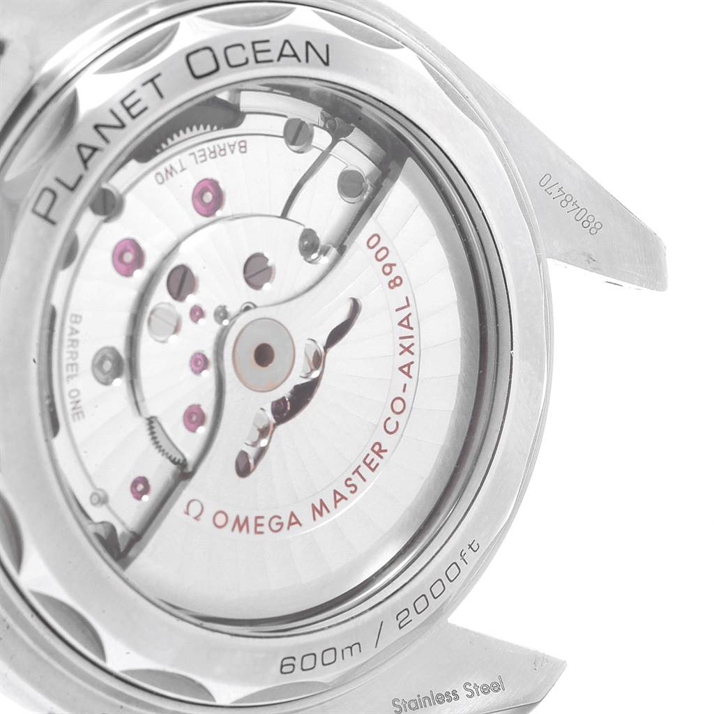 This image shows the Omega Planet Ocean 215.30.44.21.01.002 Men
s Stainless Steel Black Dial 215.30.44.21.01.002 Men
s Stainless Steel Black Dial watch
s back case, highlighting its movement and mechanical parts.