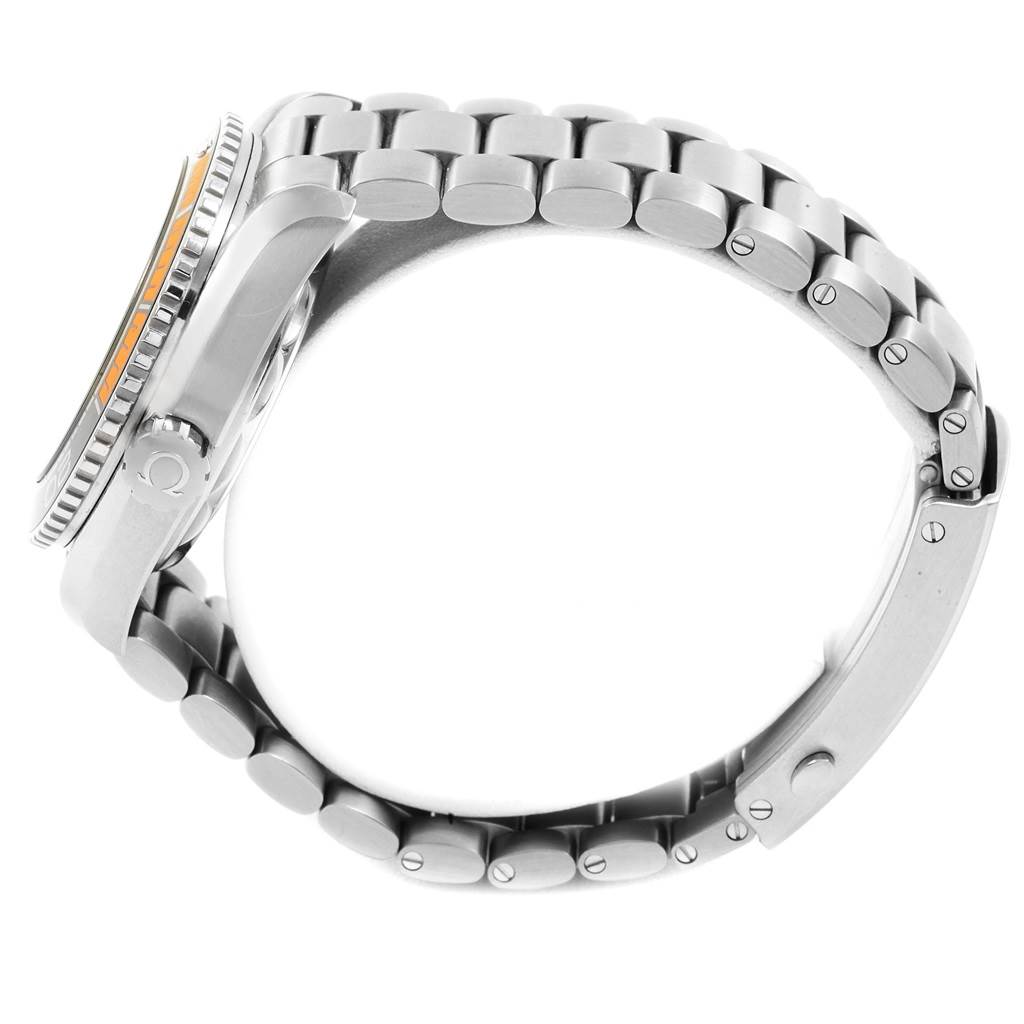 This image shows the Omega Planet Ocean 215.30.44.21.01.002 Men
s Stainless Steel Black Dial 215.30.44.21.01.002 Men
s Stainless Steel Black Dial watch from a side angle, highlighting its stainless steel bracelet and crown.