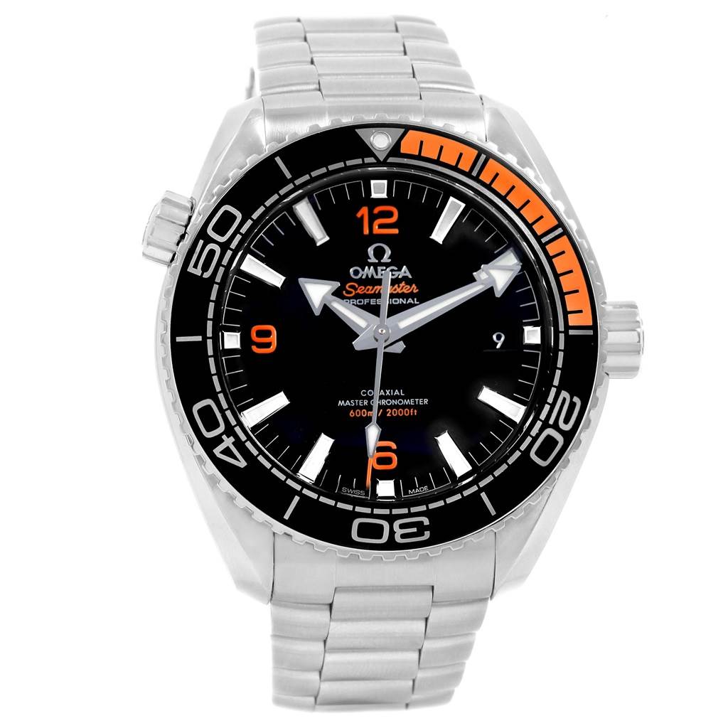 This Omega Planet Ocean 215.30.44.21.01.002 Men
s Stainless Steel Black Dial 215.30.44.21.01.002 Men
s Stainless Steel Black Dial model watch is shown from the front, highlighting its bezel, dial, hands, and bracelet.