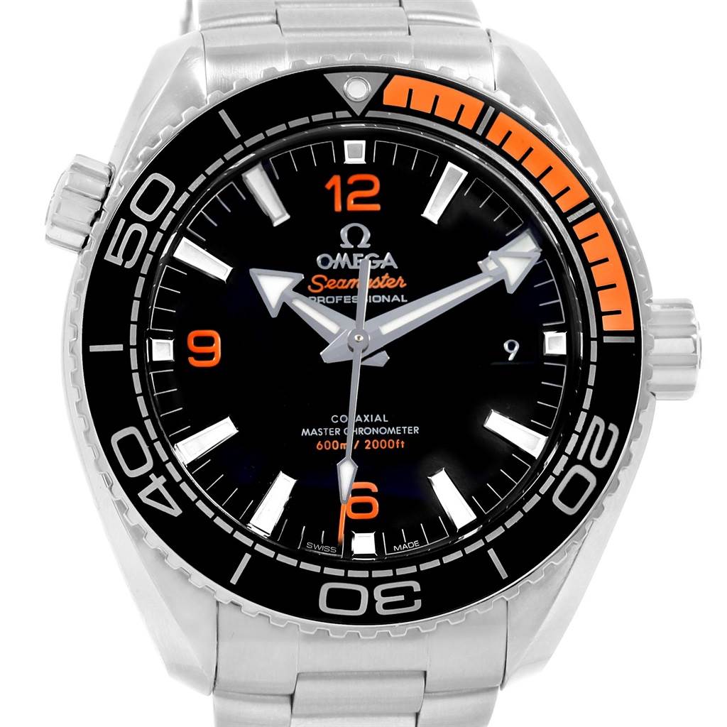 This image shows a front view of an Omega Planet Ocean 215.30.44.21.01.002 Men
s Stainless Steel Black Dial 215.30.44.21.01.002 Men
s Stainless Steel Black Dial model watch, highlighting the face, bezel, and part of the bracelet.