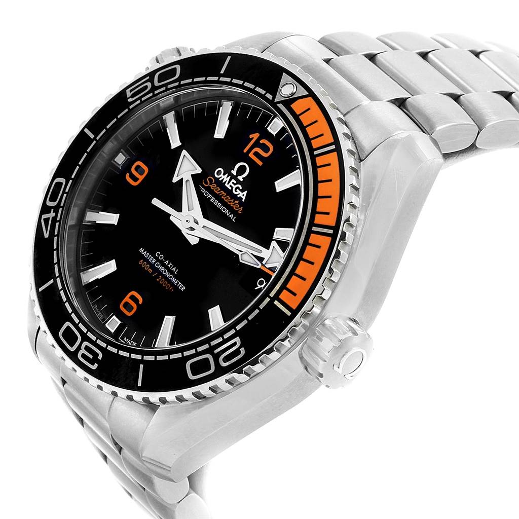 The image shows the Omega Planet Ocean 215.30.44.21.01.002 Men
s Stainless Steel Black Dial 215.30.44.21.01.002 Men
s Stainless Steel Black Dial watch from an angled perspective highlighting the dial, bezel, crown, and part of the bracelet.