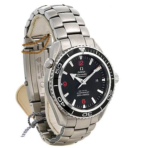 This image shows an Omega Planet Ocean 22005100 OR 2200.   51.   00 Men
s Stainless Steel Black Dial 22005100 OR 2200.   51.   00 Men
s Stainless Steel Black Dial watch angled slightly from the top left, highlighting the dial, bezel, and metal strap.