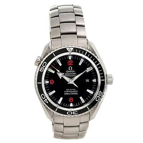 The image shows a front view of the Omega Planet Ocean 22005100 OR 2200.   51.   00 Men
s Stainless Steel Black Dial 22005100 OR 2200.   51.   00 Men
s Stainless Steel Black Dial watch, displaying the dial, bezel, case, and bracelet.