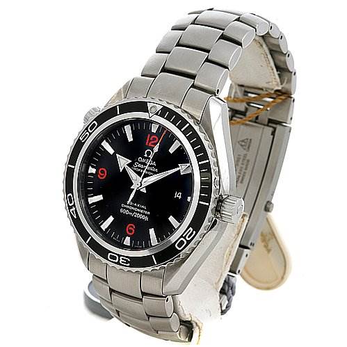 The Omega Planet Ocean 22005100 OR 2200.   51.   00 Men
s Stainless Steel Black Dial 22005100 OR 2200.   51.   00 Men
s Stainless Steel Black Dial watch is shown from a three-quarter angle, displaying the face, bezel, crown, and stainless steel bracelet.